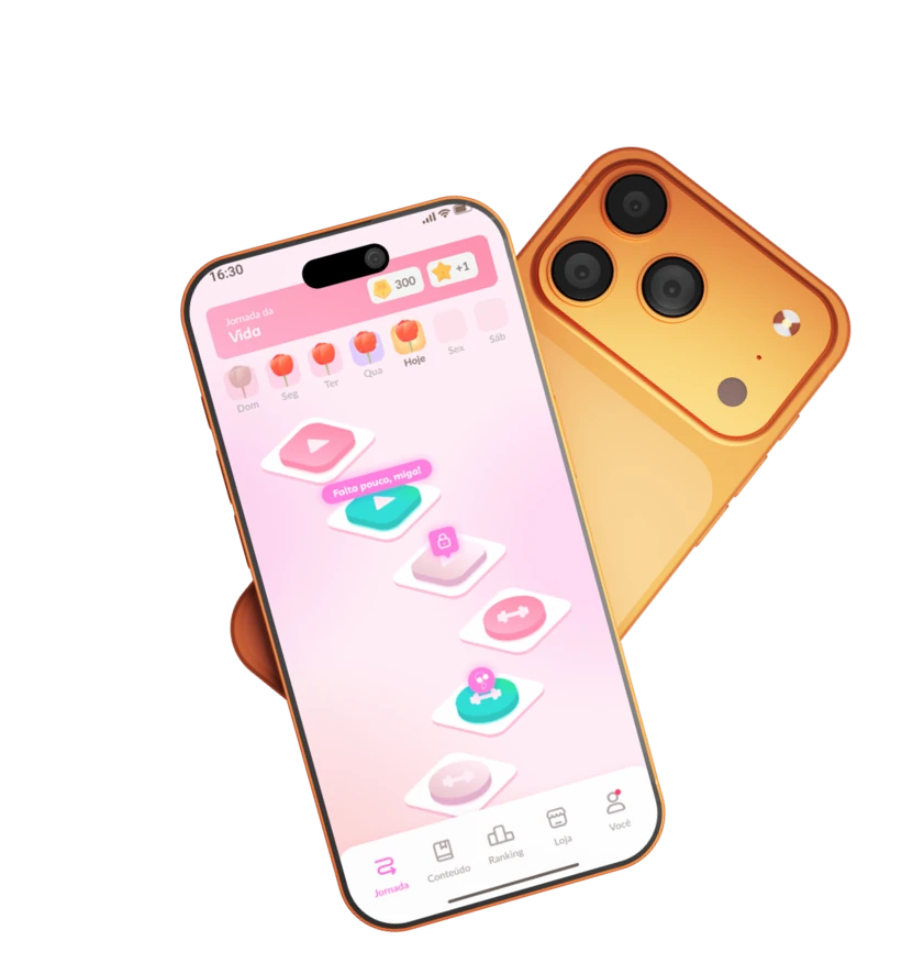 Um iPhone 17 Pro laranja, com o aplicativo Aperta & Solta aberto